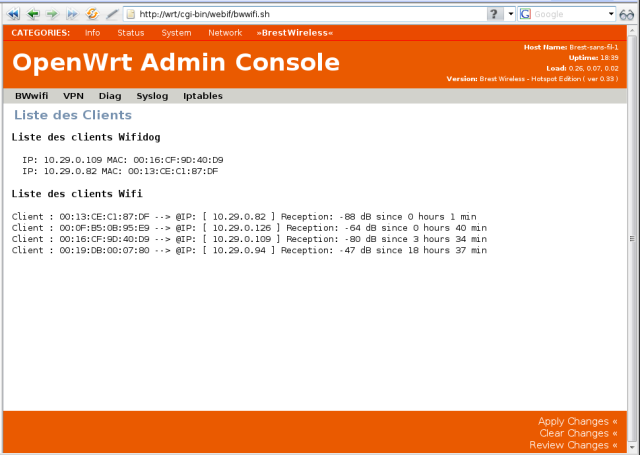 Ecran d'administration Brest-Wireless